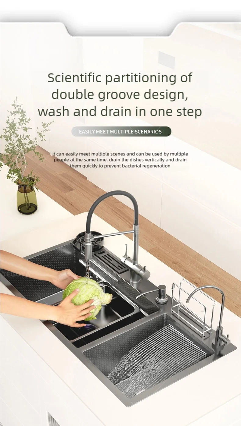 Multifunctional Waterfall Outlet Kitchen Sink Gray Dish and Vegetable Wash Basin Multifunctional Waterfall Outlet Kitchen Sink Gray Dish and Vegetable Wash Basin