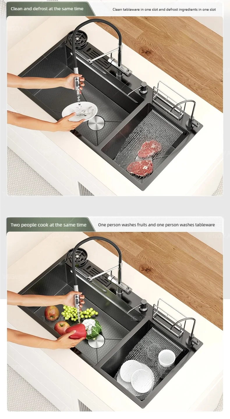Multifunctional Waterfall Outlet Kitchen Sink Gray Dish and Vegetable Wash Basin Multifunctional Waterfall Outlet Kitchen Sink Gray Dish and Vegetable Wash Basin