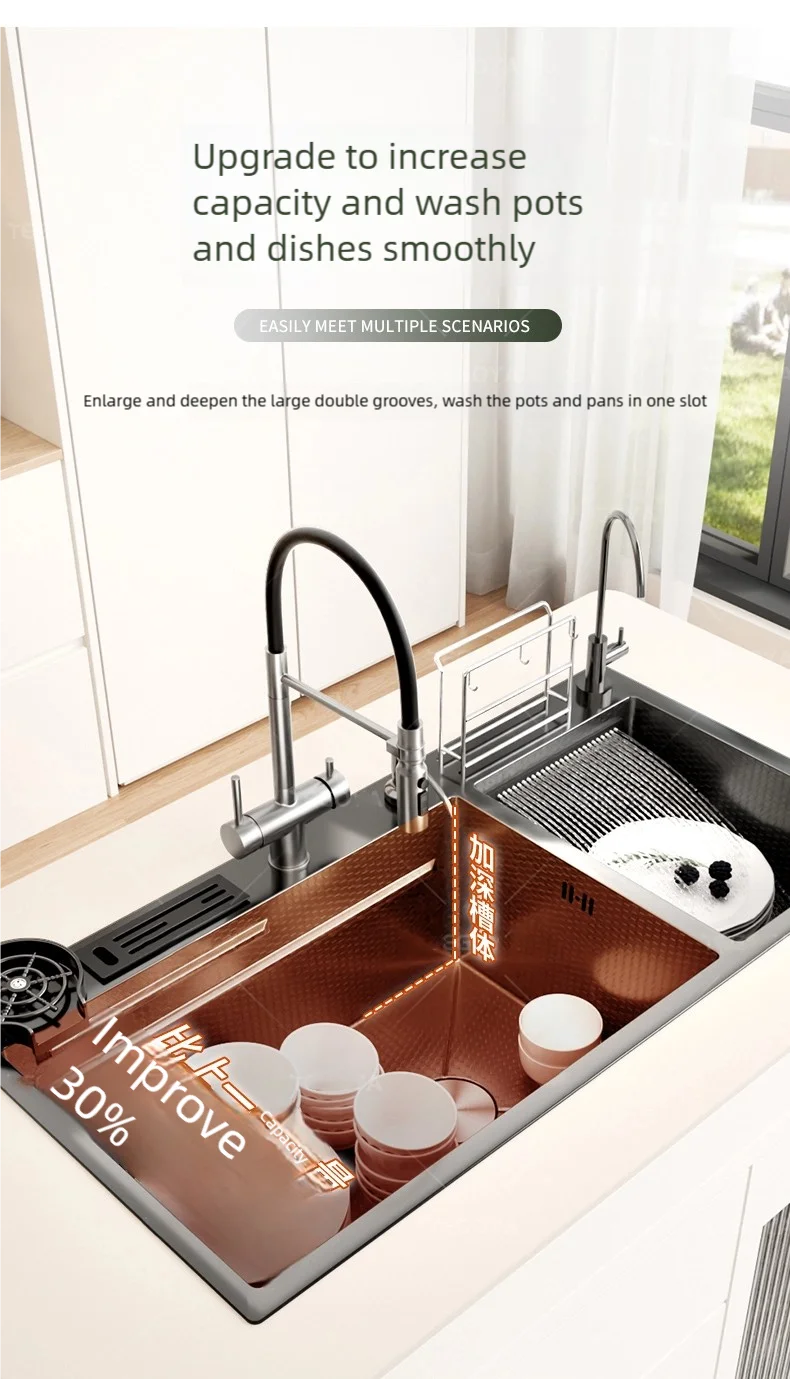 Multifunctional Waterfall Outlet Kitchen Sink Gray Dish and Vegetable Wash Basin Multifunctional Waterfall Outlet Kitchen Sink Gray Dish and Vegetable Wash Basin