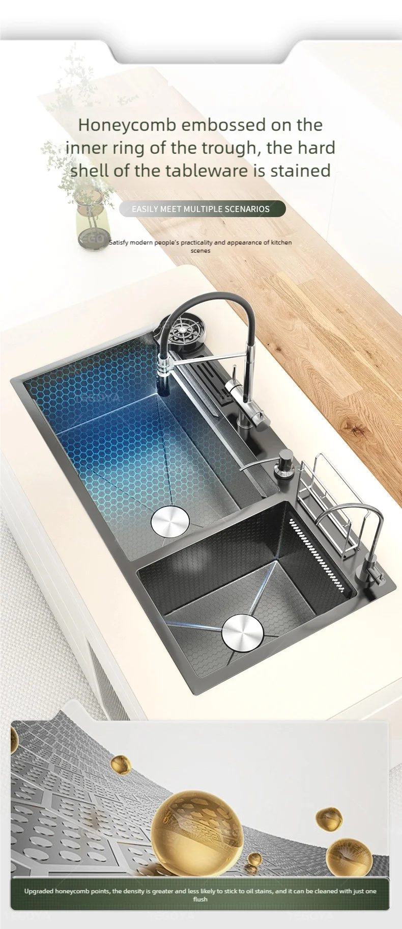 Multifunctional Waterfall Outlet Kitchen Sink Gray Dish and Vegetable Wash Basin Multifunctional Waterfall Outlet Kitchen Sink Gray Dish and Vegetable Wash Basin