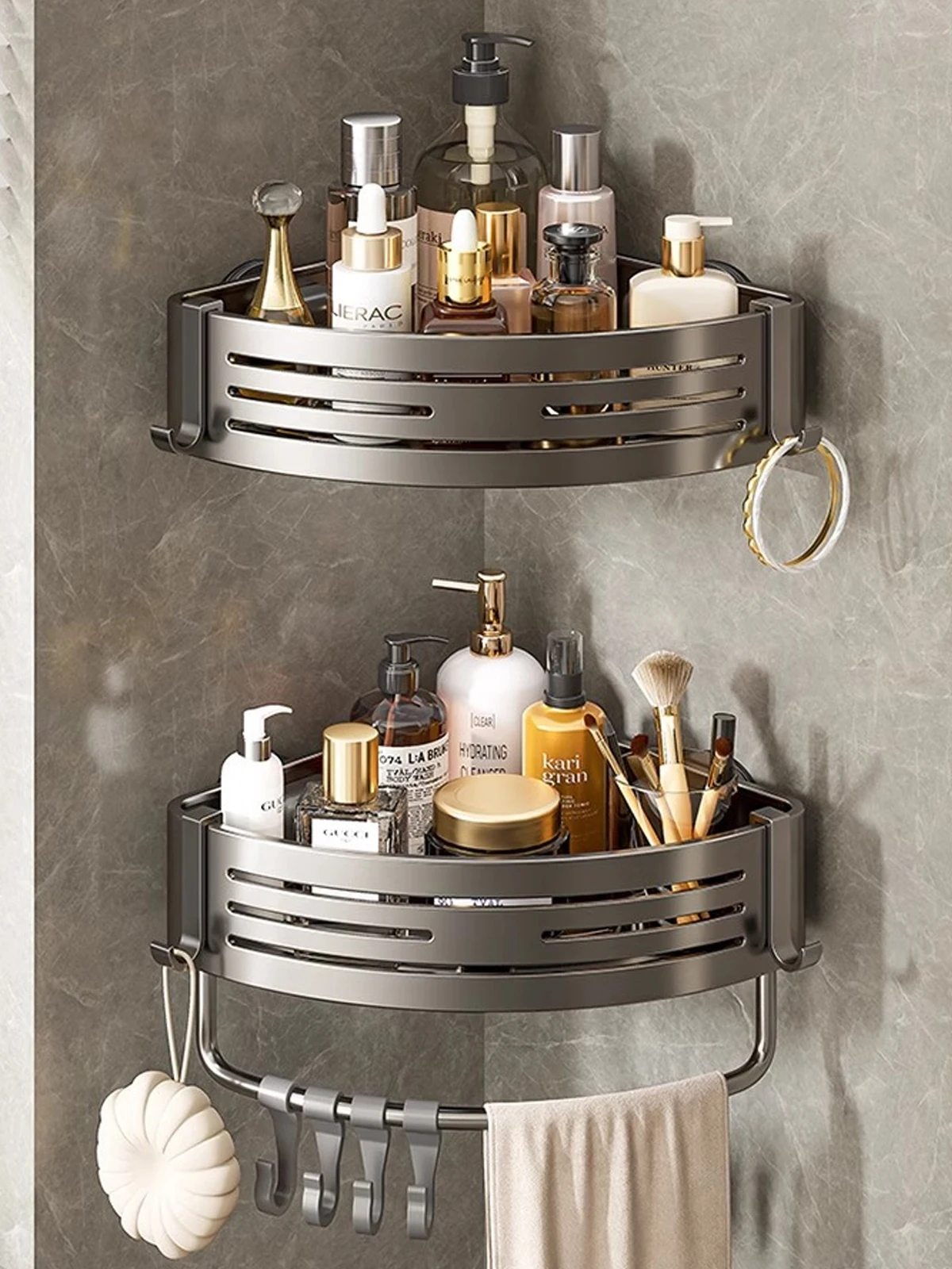 Triangular Shower Shelf with Hooks Suction Cup No Drill Bathroom Organizer Aluminum Corner Rack for Shampoo Soap Kitchen Storage Triangular Shower Shelf with Hooks Suction Cup No Drill Bathroom Organizer Aluminum Corner Rack for Shampoo Soap Kitchen Storage