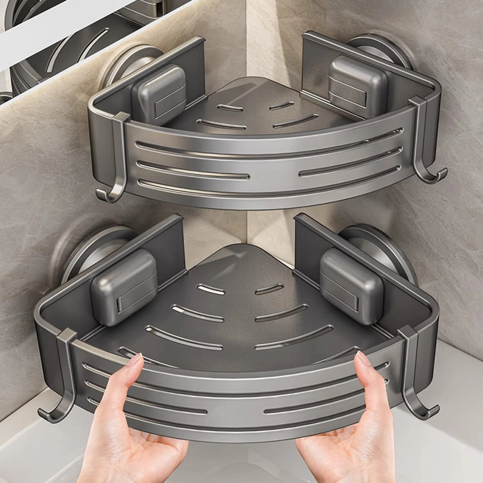 Triangular Shower Shelf with Hooks Suction Cup No Drill Bathroom Organizer Aluminum Corner Rack for Shampoo Soap Kitchen Storage Triangular Shower Shelf with Hooks Suction Cup No Drill Bathroom Organizer Aluminum Corner Rack for Shampoo Soap Kitchen Storage