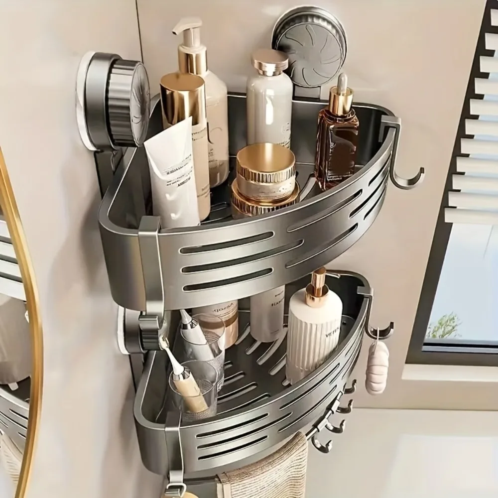 Triangular Space-Saving Suction Cup Bathroom Storage Shelf No Drilling Required Multifunctional Storage Organizer with Hooks Triangular Space-Saving Suction Cup Bathroom Storage Shelf No Drilling Required Multifunctional Storage Organizer with Hooks